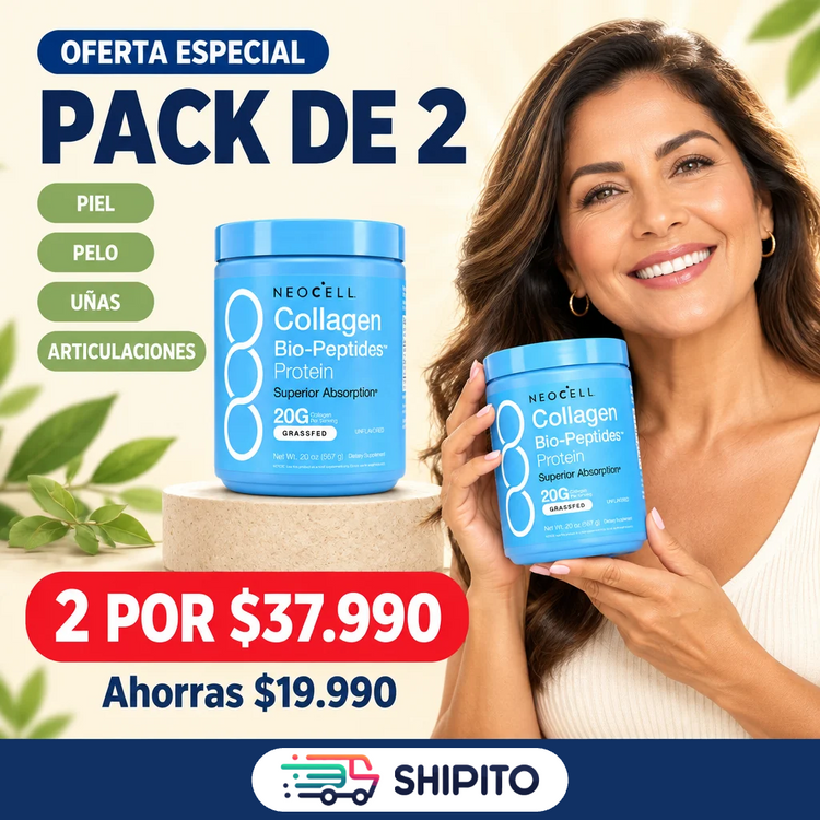 Mujer de 50 años con NeoCell: pack de 2 frascos por $37.990 para piel, pelo, uñas y articulaciones.