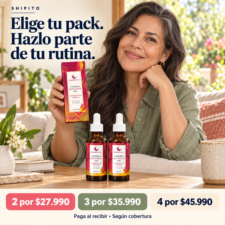 Mujer junto a Cyperus Rotundus Oil: Elige tu pack. Hazlo parte de tu rutina. Ofertas de 2 por $27.990, 3 por $35.990 y 4 por $45.990.