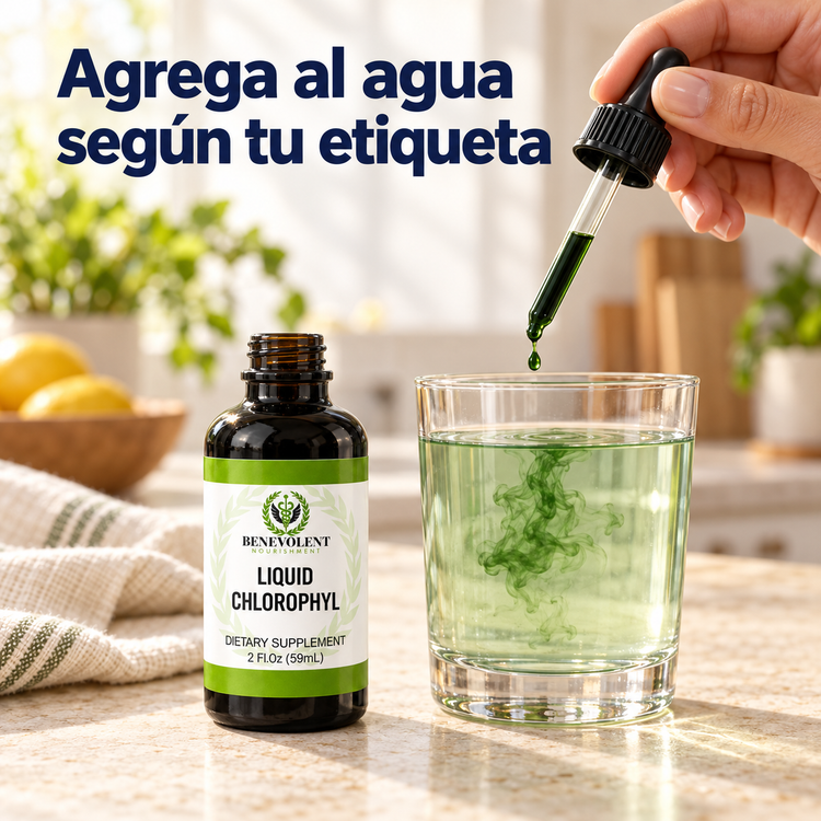 Clorofila líquida Benevolent para preparar con agua según la etiqueta.