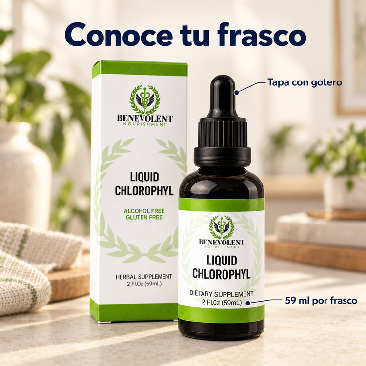 Frasco de Clorofila Benevolent de 59 ml con gotero.