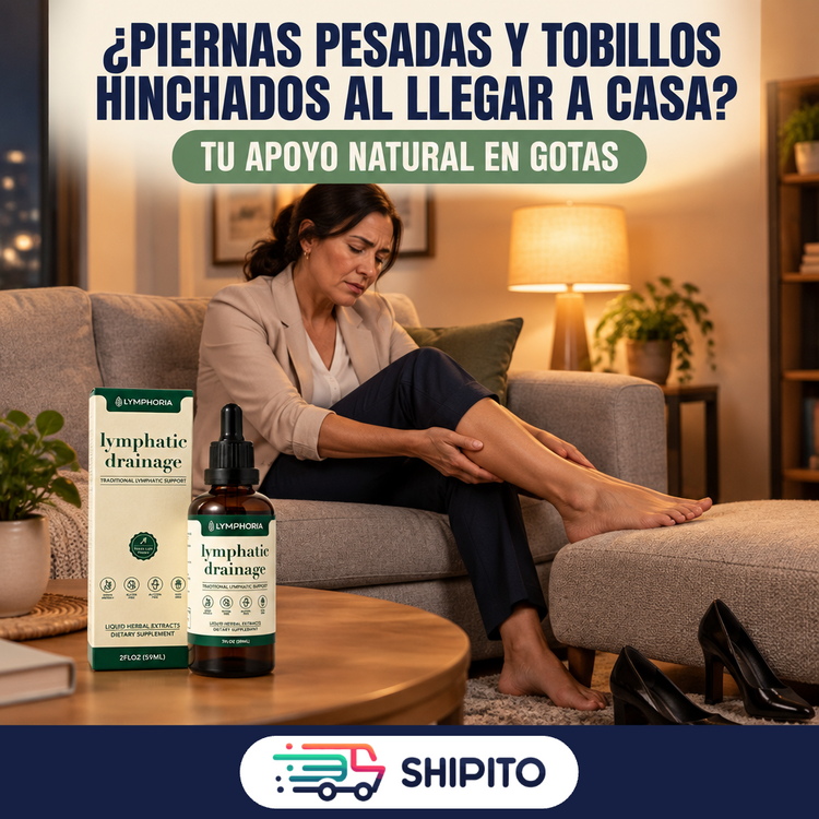 Mujer cansada en el sofá sobándose las piernas y los tobillos al llegar a casa, con Lymphoria en la mesa.