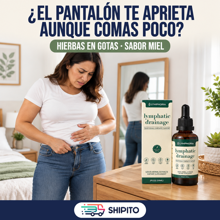 Mujer frustrada intentando abrochar su pantalón, con Lymphoria sobre la cómoda.