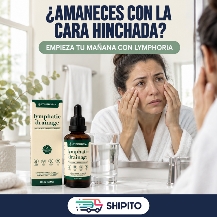 Mujer frente al espejo en la mañana tocándose la cara hinchada, con Lymphoria en el lavamanos.