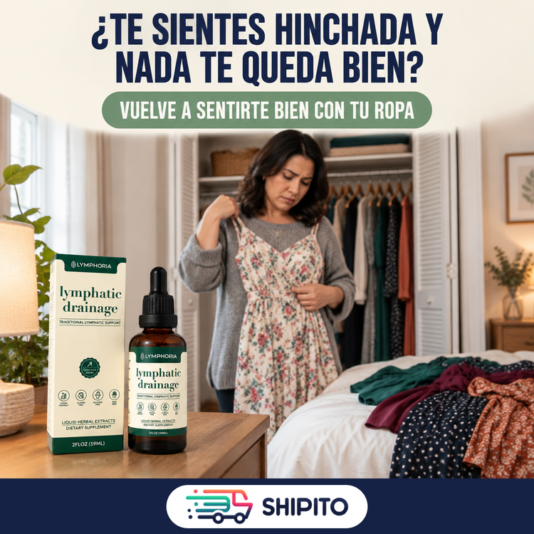 Mujer frente al clóset mirando con tristeza un vestido, con Lymphoria en el velador.