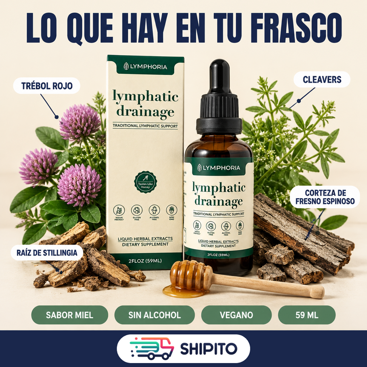 Lymphoria con sus hierbas: trébol rojo, cleavers, raíz de stillingia y corteza de fresno espinoso. Sabor miel, sin alcohol, vegano, 59 ml.