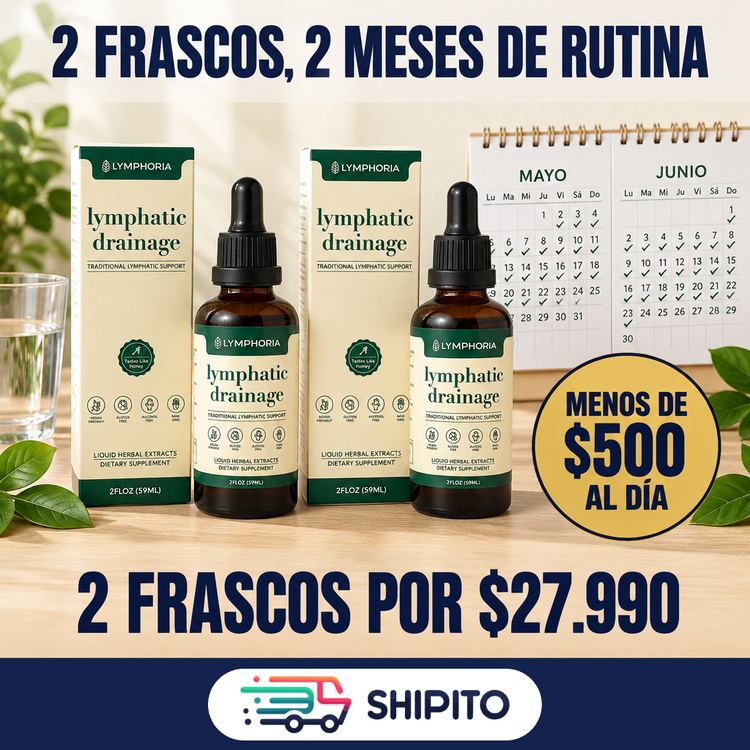 Dos frascos de Lymphoria junto a un calendario: 2 frascos, 2 meses de rutina, menos de $500 al día.