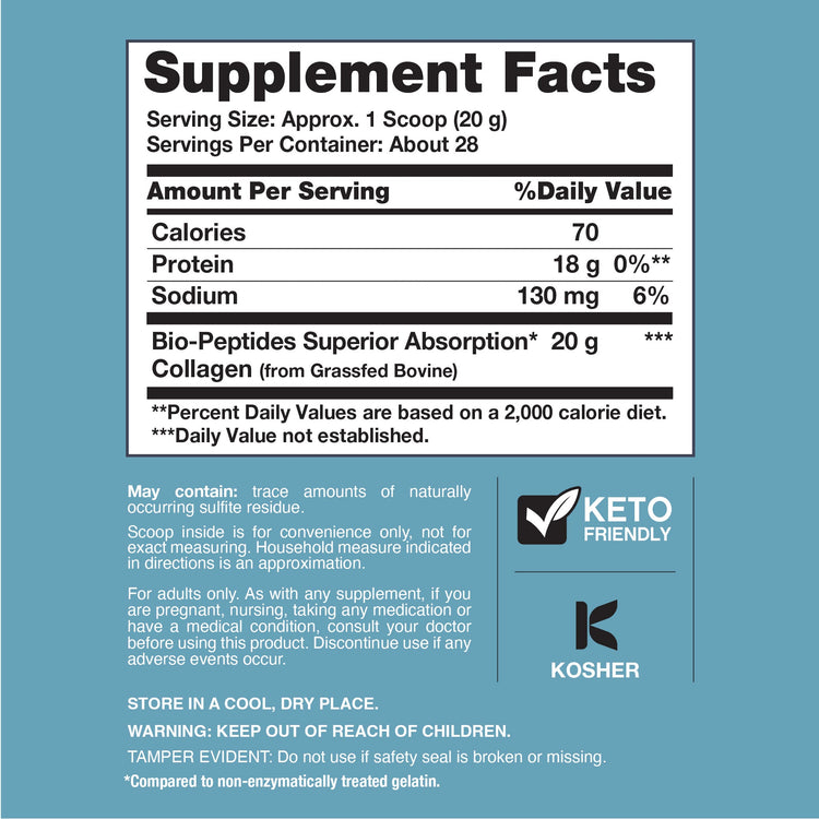 Tabla oficial de NeoCell 567 g: porción aproximada de 20 g; 20 g de colágeno y 18 g de proteína.