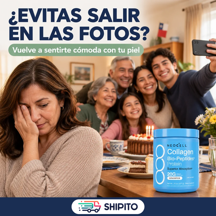 Mujer de 48 años que se tapa la cara y se aparta de la foto familiar en un cumpleaños.
