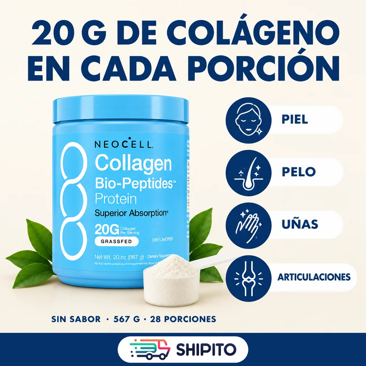Frasco NeoCell con scoop: 20 g de colágeno por porción para piel, pelo, uñas y articulaciones.