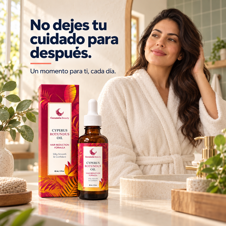 Mujer en un baño luminoso y Cyperus Rotundus Oil: No dejes tu cuidado para después. Un momento para ti, cada día.