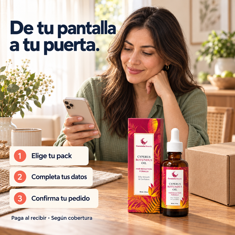 Mujer comprando desde el celular: elige tu pack, completa tus datos y confirma tu pedido. Paga al recibir según cobertura.